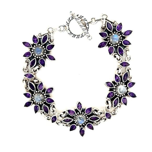 Silver Amethysts/Moonstone Floral Toggle Bracelet - Picture 1 of 7